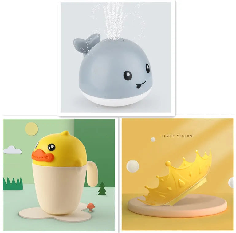 Automatic water-spraying whale bath toy with colourful lights floating in bath water.