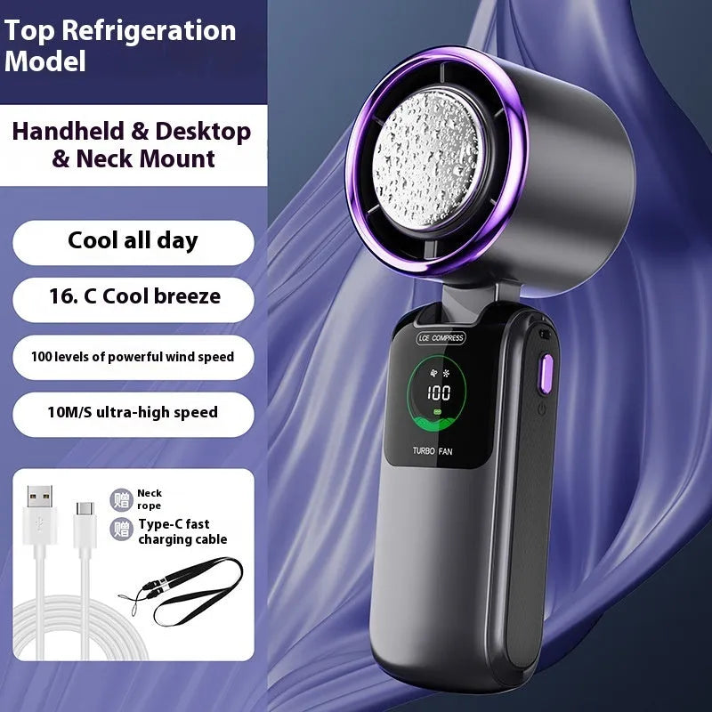 Blue USB rechargeable handheld folding fan with a neck strap and speed control buttons
