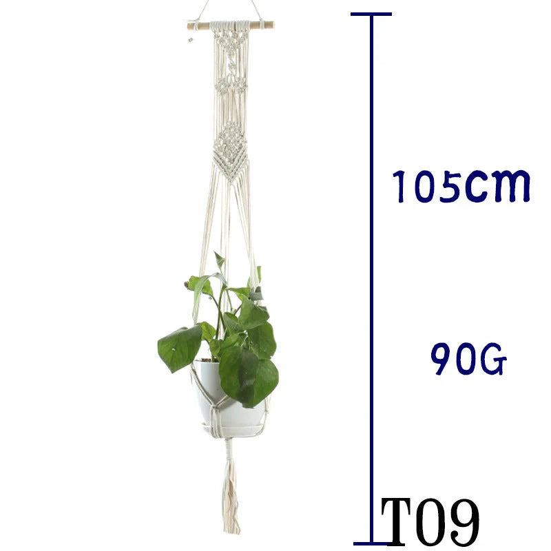 Beige cotton rope hanging basket with various styles for indoor plant display