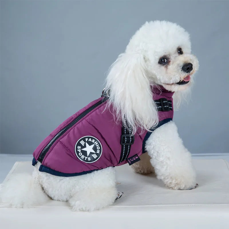 Waterproof dog coat with integrated harness in red colour, sized for medium dog breeds