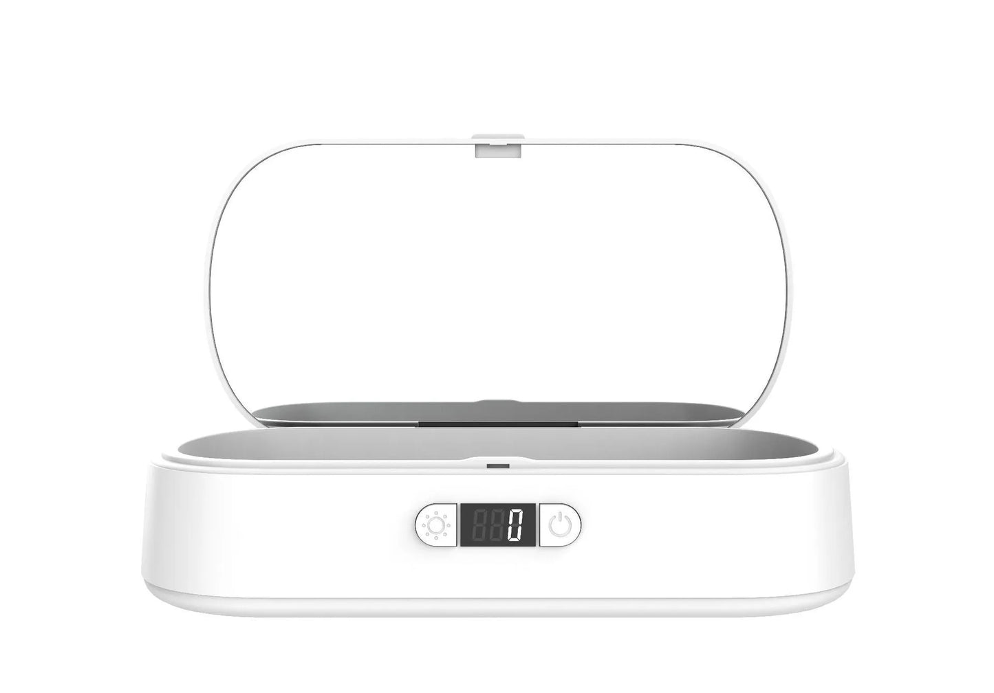 White ABS plastic ultraviolet wireless disinfection box steriliser with phone inside.