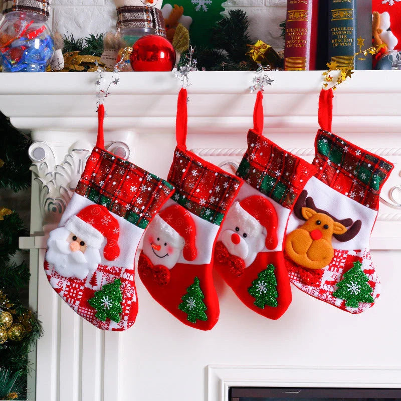 Festive Christmas socks with vibrant ornament designs in various styles, including elk, bear, elderly, and snowman patterns.