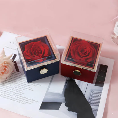 Acrylic rotating rose jewelry box in sapphire blue, 10cm diameter with three-layer storage and carrying bag