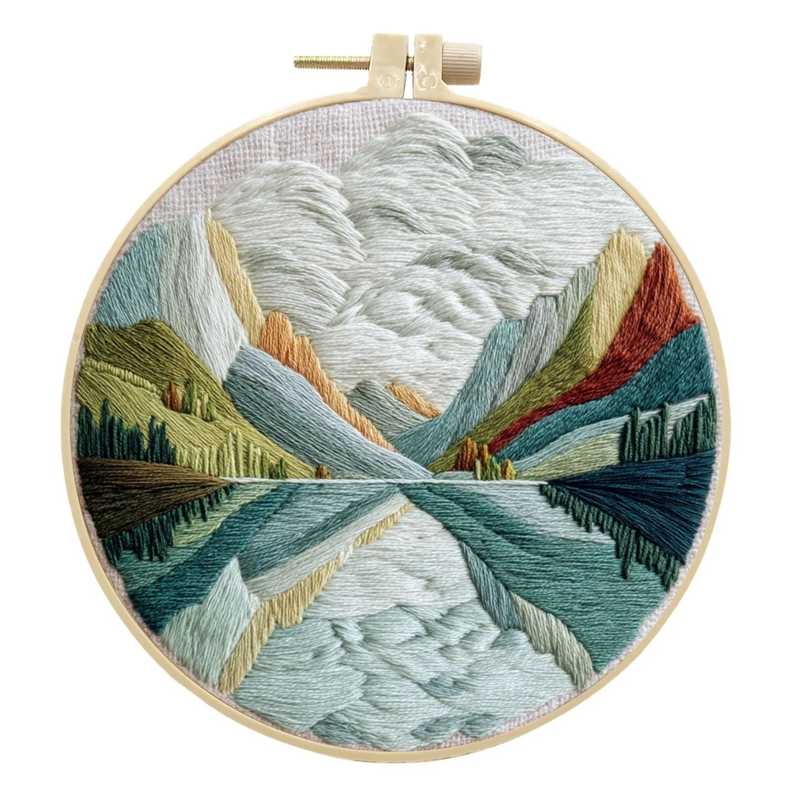 Embroidery DIY landscape kit with bamboo frame, printed fabric, thread, and needles for textile art