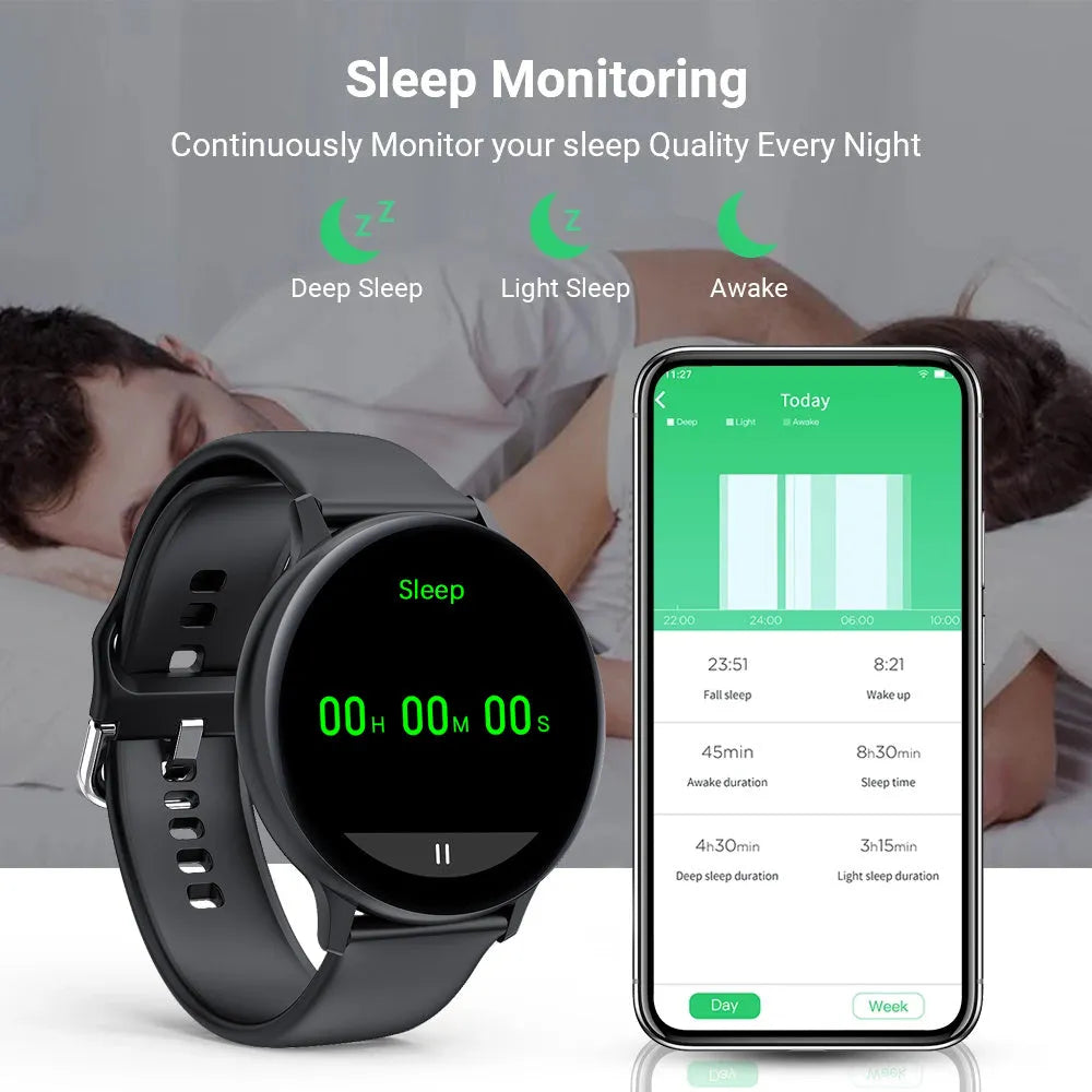 Black smart bracelet watch with touch screen displaying heart rate, on a wrist.