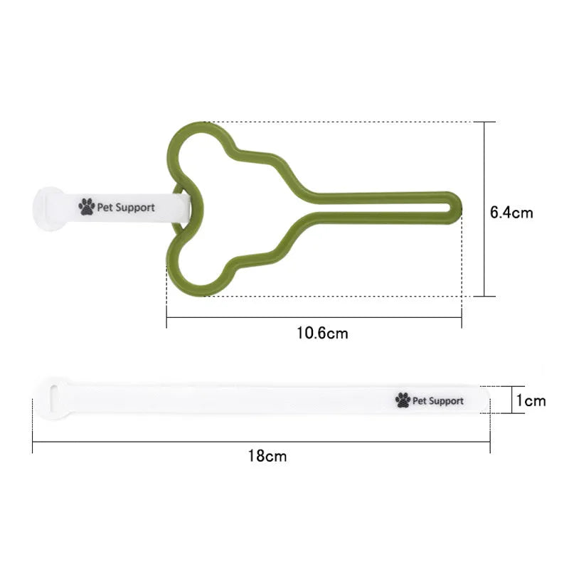 A dog poop bag dispenser with a hands-free clip and adjustable Velcro strap attached to a dog lead.