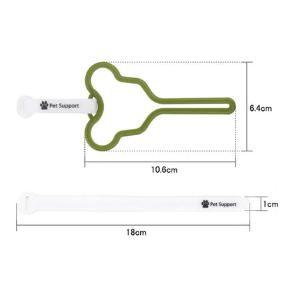 A dog poop bag dispenser with a hands-free clip and adjustable Velcro strap attached to a dog lead.