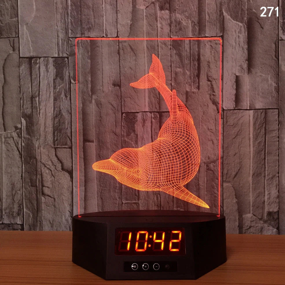 Blue dolphin-shaped table lamp with glowing 3D design and remote control on wooden surface