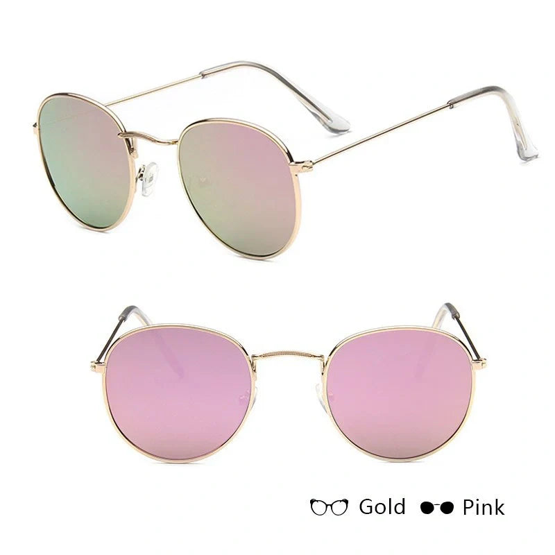 Stylish women's retro sunglasses with round frame and metal finish