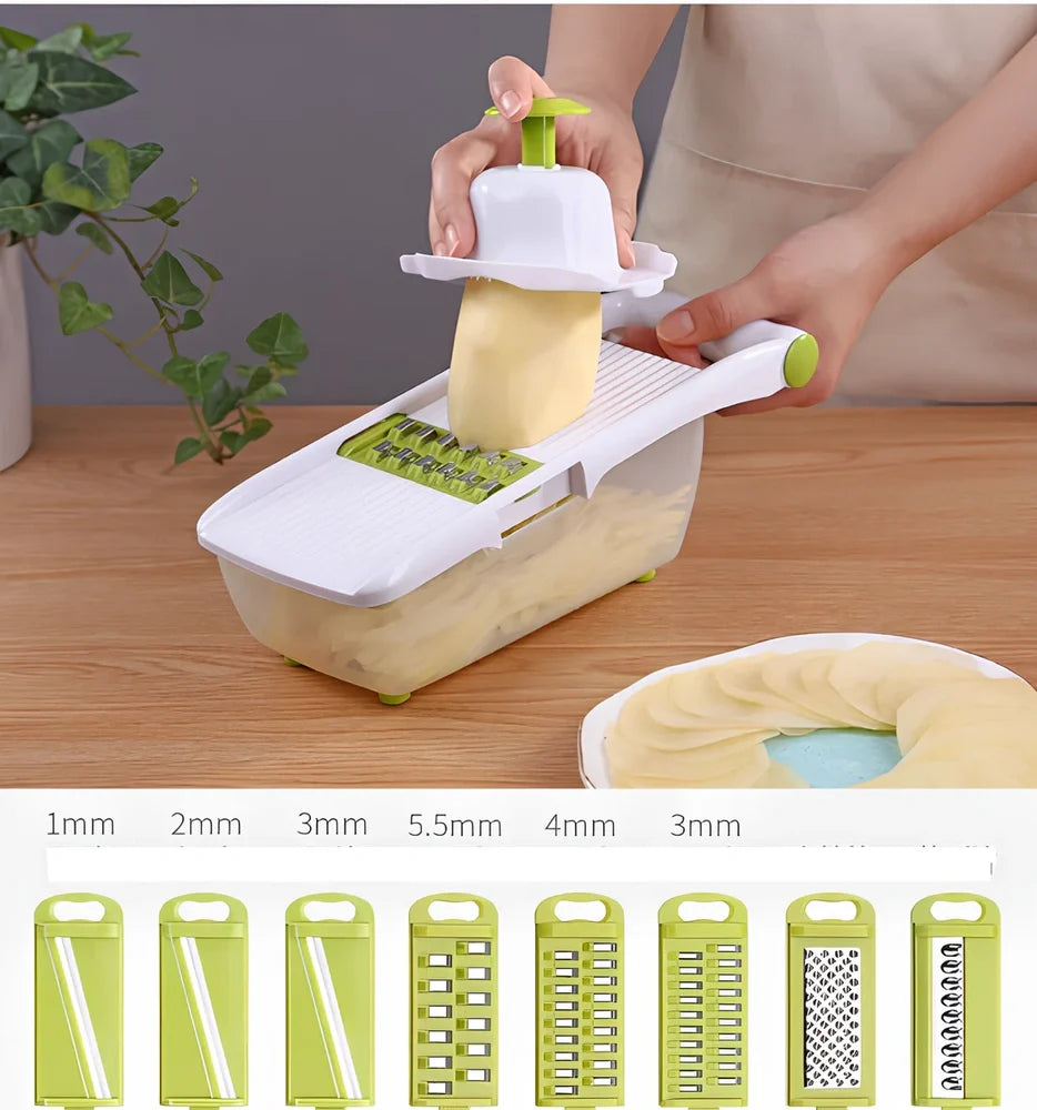 Brown multi-function vegetable chopper with stainless steel blades and safety protector, 28 cm long for slicing onions