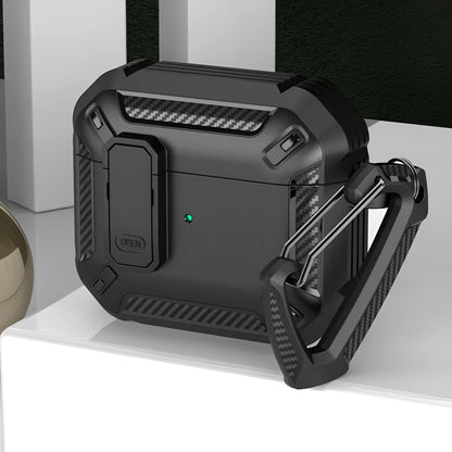 Hard black and yellow plastic clamshell case for AirPods with a silver metal carabiner hook attached.
