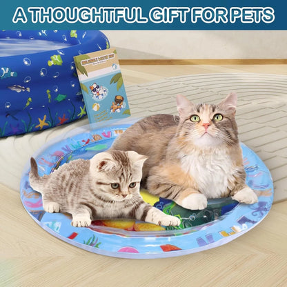 Thickened PVC water sensory playmat for pets with ocean fish design and floating toys.