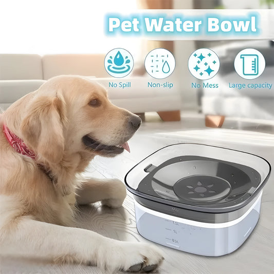 Transparent 2L dog water bowl with floating slow-feeding disk and non-slip base