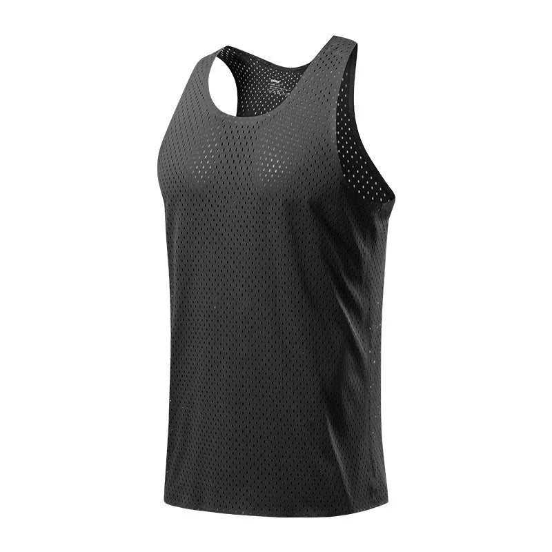 Men's solid colour quick-dry sleeveless sports vest in polyester on a neutral background.