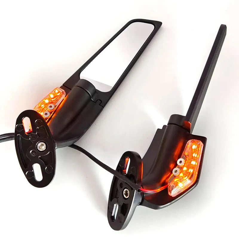 Motorcycle spoiler rearview mirror with yellow LED light strip and convex glass lens