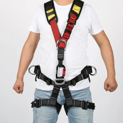 Red outdoor rescue seat belt for caving with reinforced stitching and polyester-silk blend material