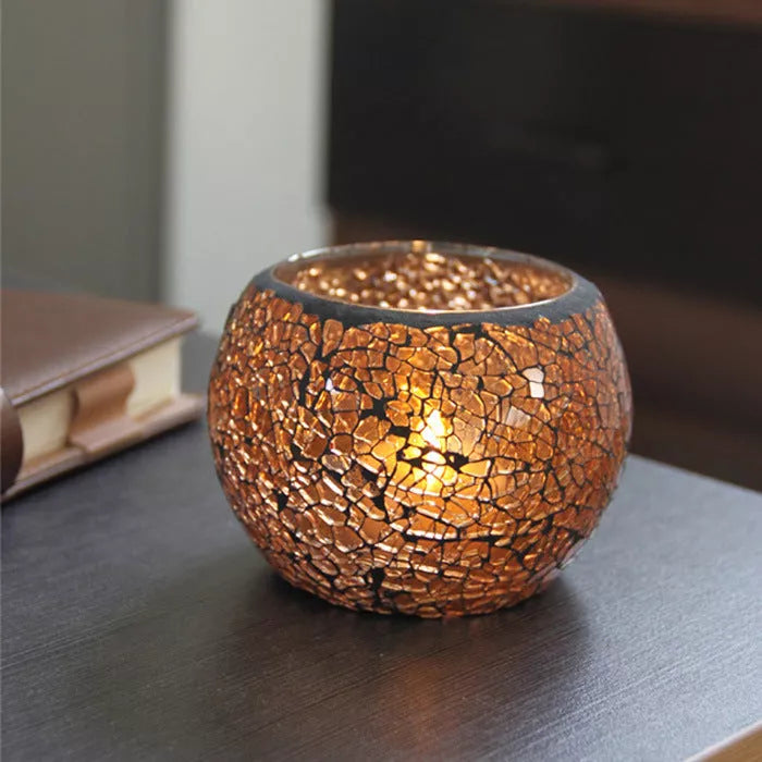 Mosaic glass candle holder in vibrant colors with elegant mosaic pattern