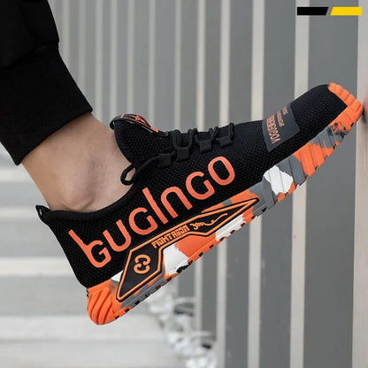 Steel toe work shoes for men with fly woven mesh upper and rubber sole, puncture proof, available in six colours