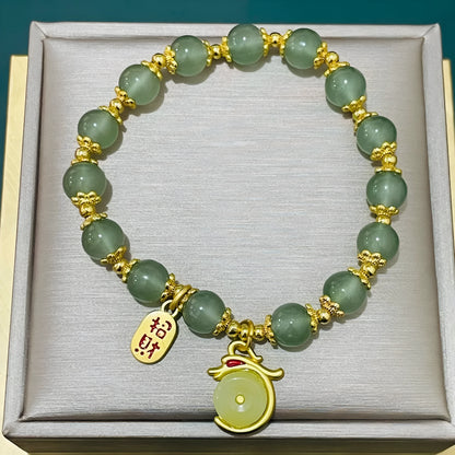 Unisex peace buckle bracelet with glass beads, coloured glaze components and rabbit motif in national style design