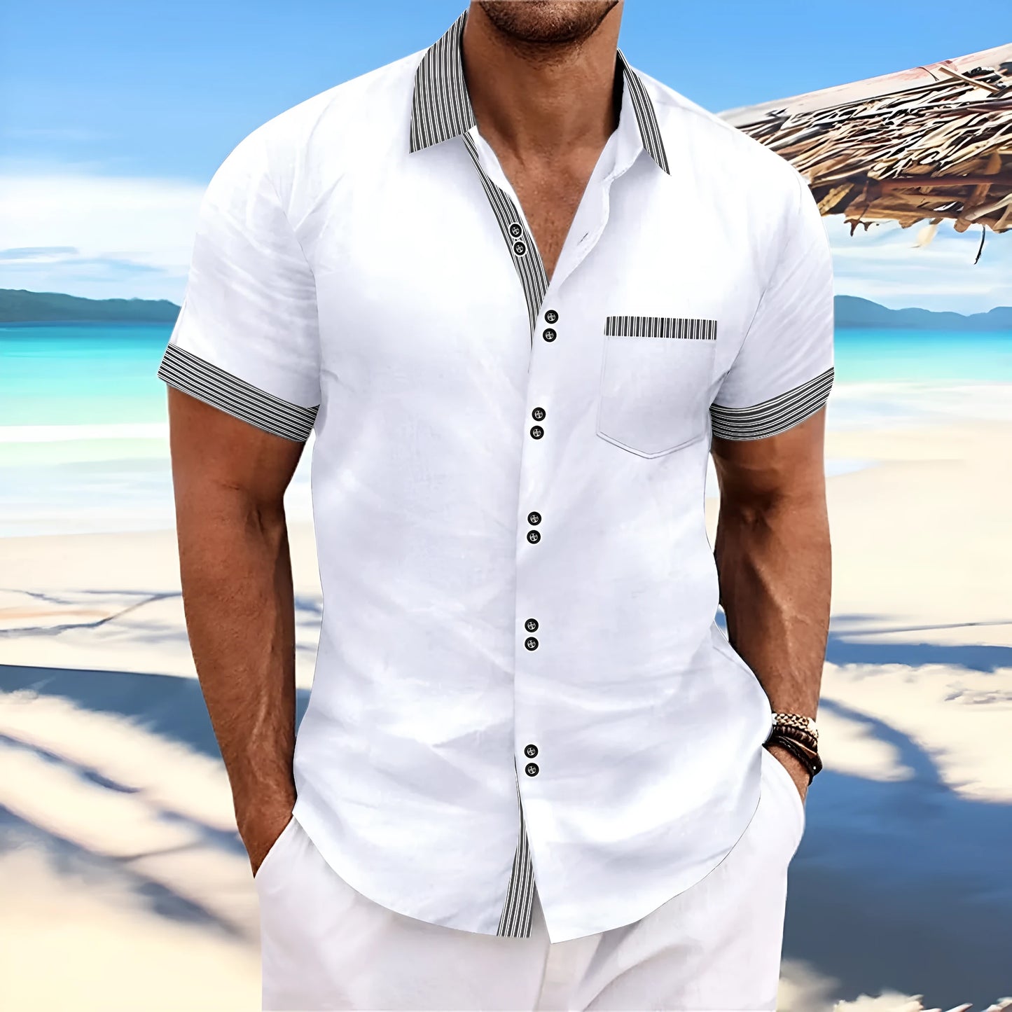 Men's slim fit striped casual shirt in pure cotton, shown on a hanger.