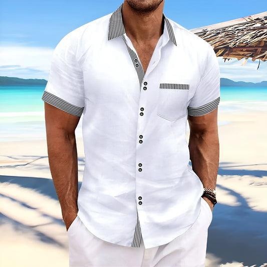 Men's slim fit striped casual shirt in pure cotton, shown on a hanger.