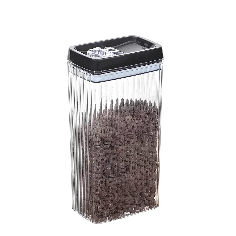 Six black food storage containers with lids in two sizes: two large 3.3-litre and four smaller 1.5-litre jars