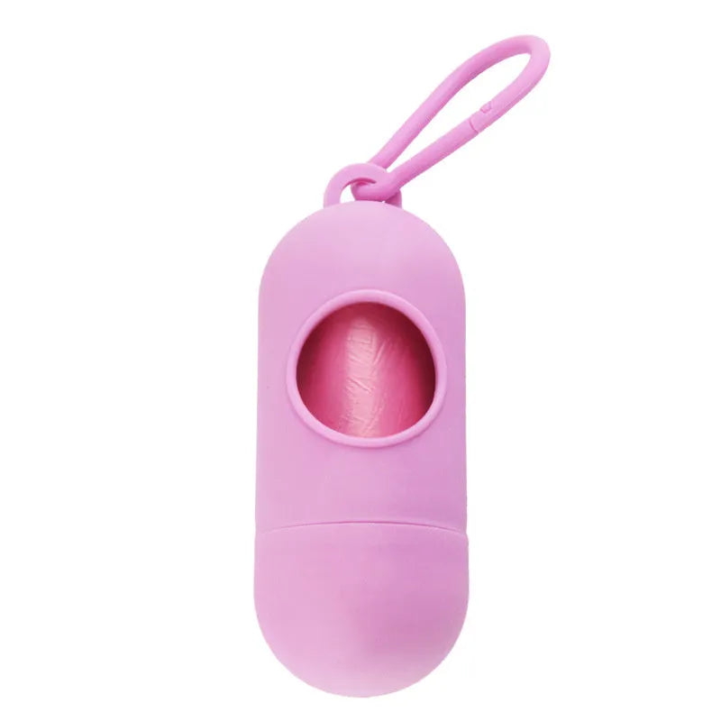 Dog poop bags holder with hook in various colours, showing Velcro fastening and compact 10cm size