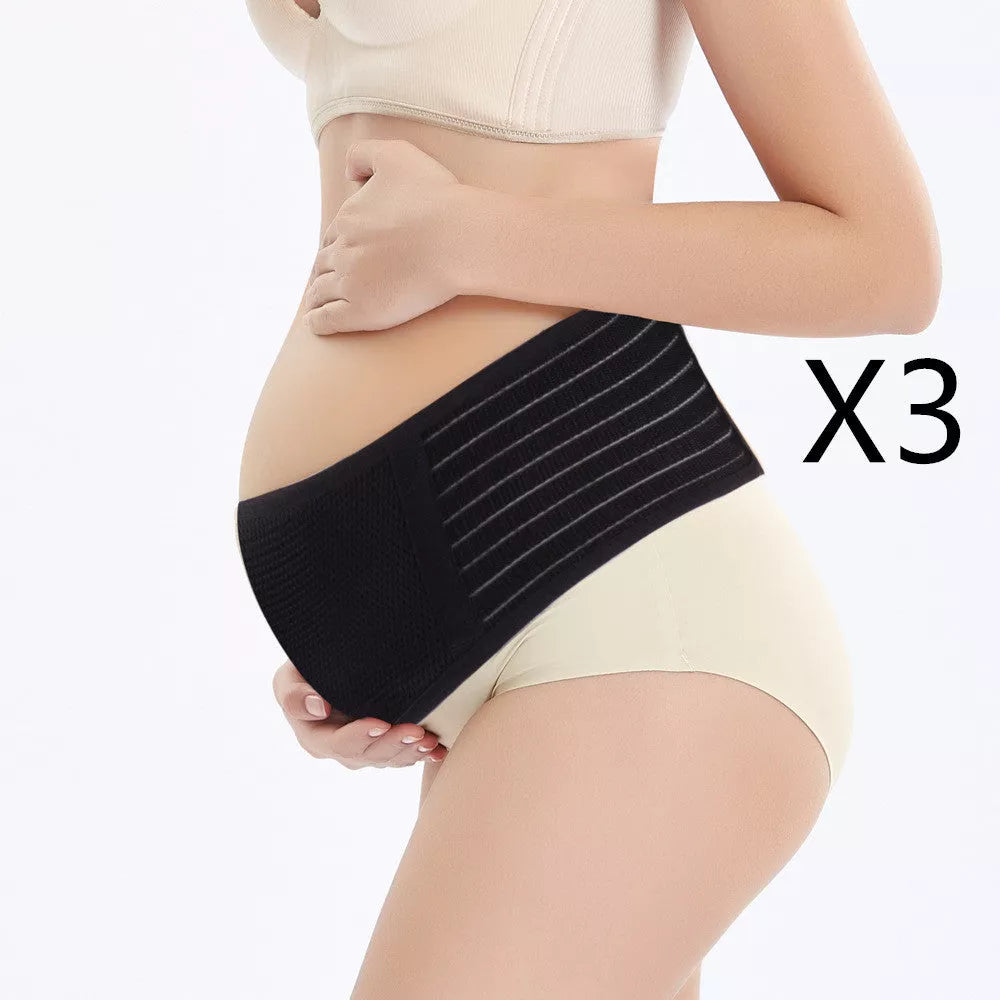 Adjustable mid-pregnancy abdominal support belt in pink, black, brown, and gray