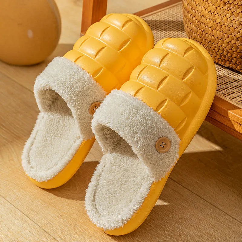 Plaid detachable slippers with EVA sole and plush lining in pink, green, yellow, white, grey, or black