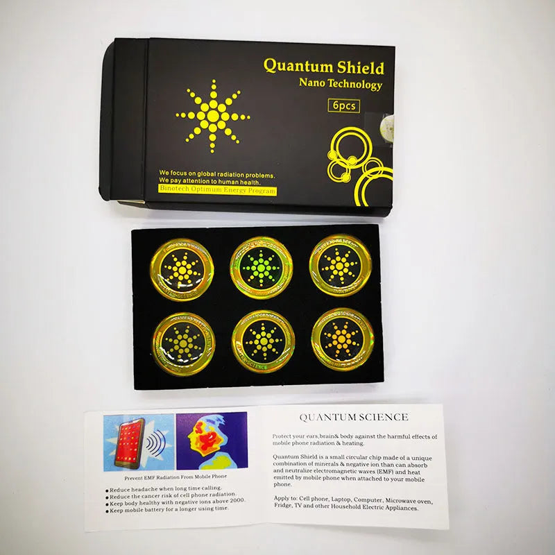 Box of six round gold and silver anti-radiation stickers for mobile phones.