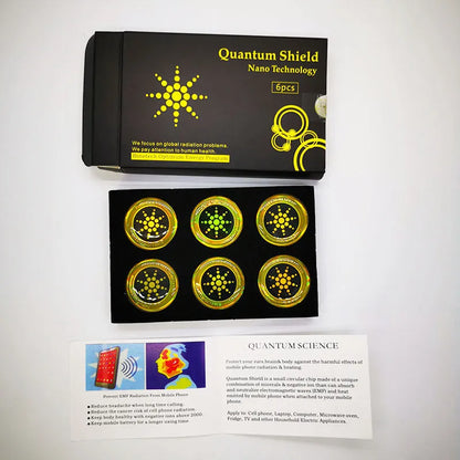 Box of six round gold and silver anti-radiation stickers for mobile phones.