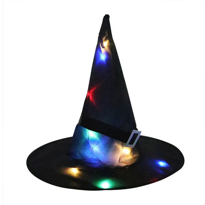 A colorful LED-illuminated witch hat with elf ears, perfect for Halloween home decor and parties.