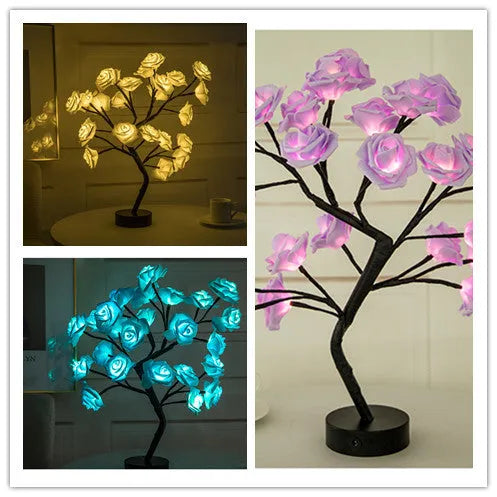 White and red rose flower LED lamp on a bonsai tree stand with warm white lights.