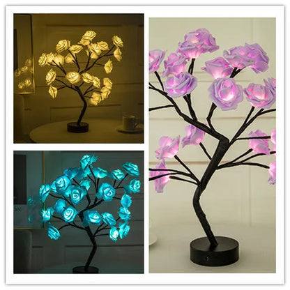 White and red rose flower LED lamp on a bonsai tree stand with warm white lights.