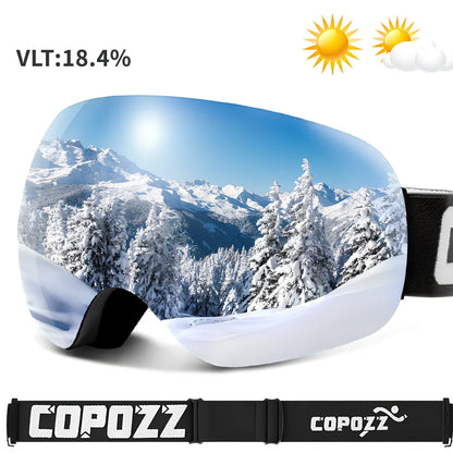 Adult borderless ski goggles in black frame with silver anti-fog lens, double-layer PC+TPU for UV and wind protection