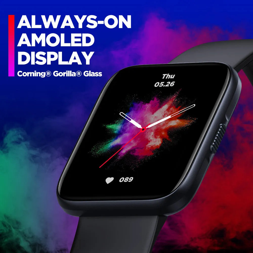 Black GPS sports smart watch with 1.78-inch LCD display and rubber wrist strap showing health metrics