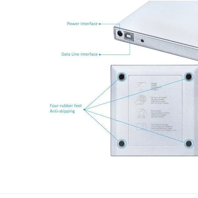 Silver USB external DVD burner, portable optical drive, 138x137.5x18mm plastic casing