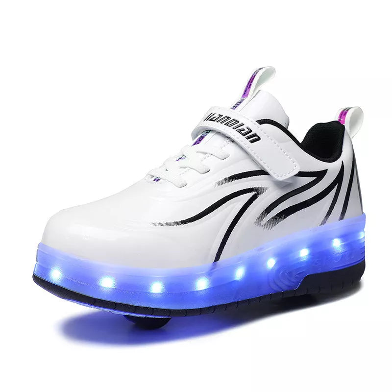 Light Charging Pulley Shoes with Double Wheels in Black Blue, White Black, and White Powder