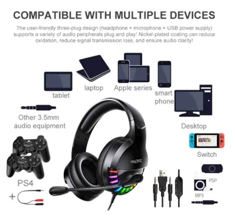 Black wired over-ear gaming headset with microphone and inline volume control on the cable.