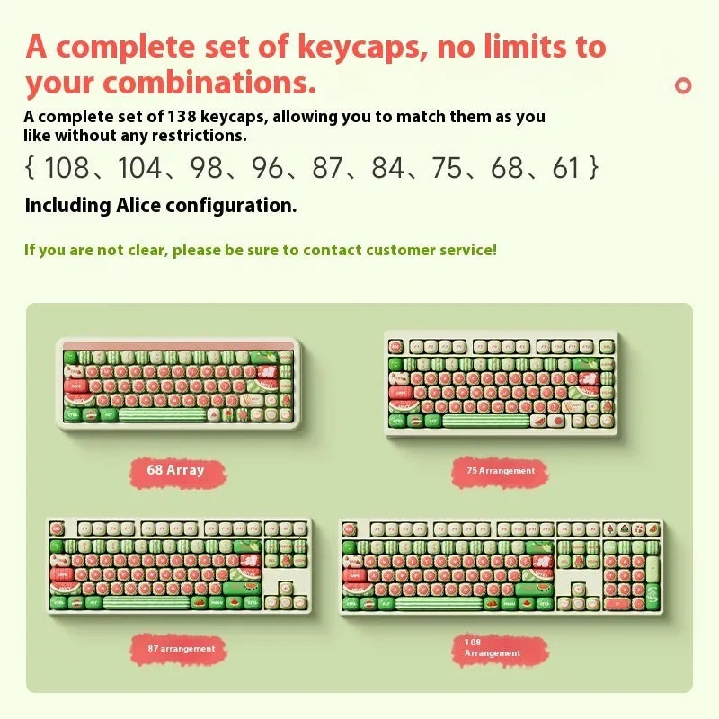 Set of 138 watermelon-themed PBT key caps with green, red, and black dye-sublimated design, shown on a mechanical keyboard.