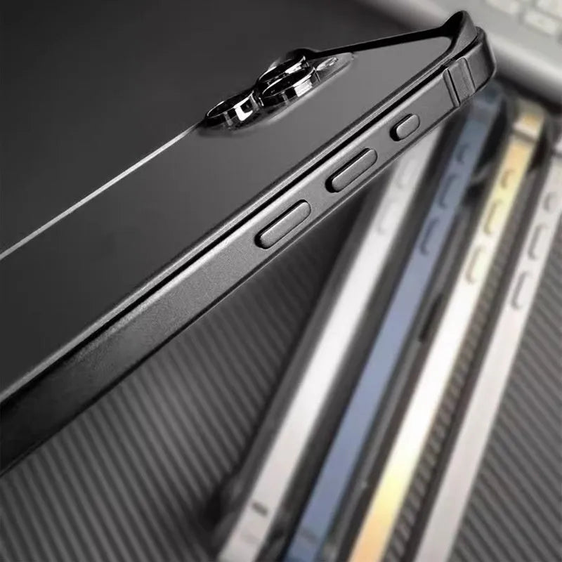 Ultra-thin metal phone case for iPhone 15 Pro Max in Dark Night Purple with shockproof border and oxidised finish.