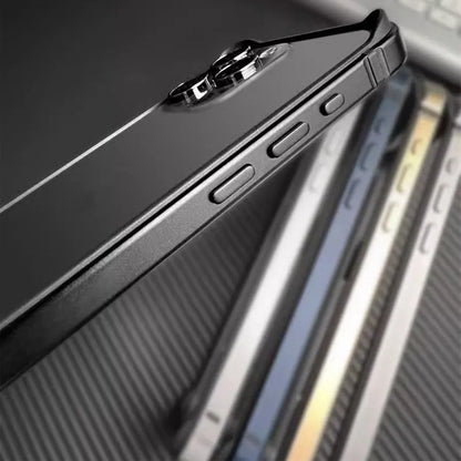 Ultra-thin metal phone case for iPhone 15 Pro Max in Dark Night Purple with shockproof border and oxidised finish.