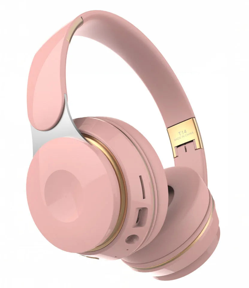 Foldable wireless Bluetooth headset in various colours showing head-mounted design