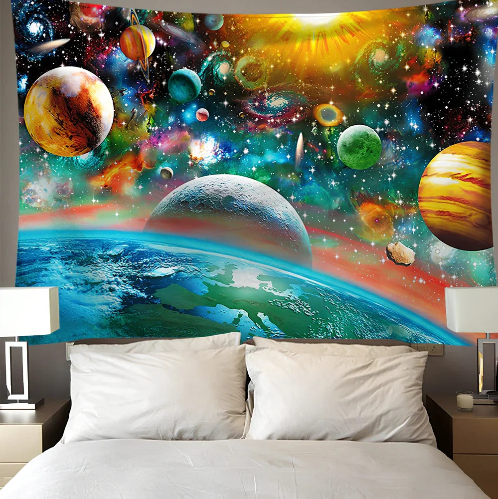 Digital printing colourful starry art wall tapestry with detailed star patterns on polyester fibre material