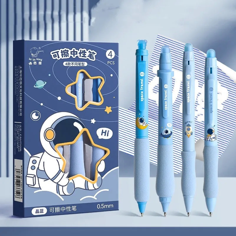 Cartoon-themed erasable gel pen with 0.5mm tip and press-action button.