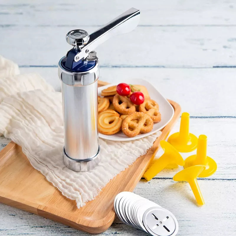 Stainless steel cookie press gun with multiple discs for baking and icing