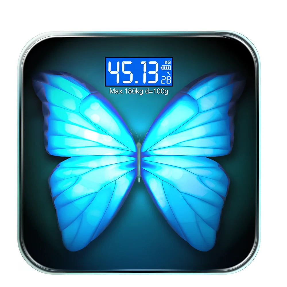 Youmei digital weight scale with 6mm tempered glass surface and blue backlit LCD display showing weight measurement