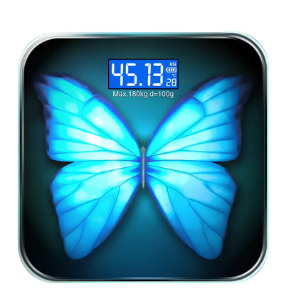 Youmei digital weight scale with 6mm tempered glass surface and blue backlit LCD display showing weight measurement