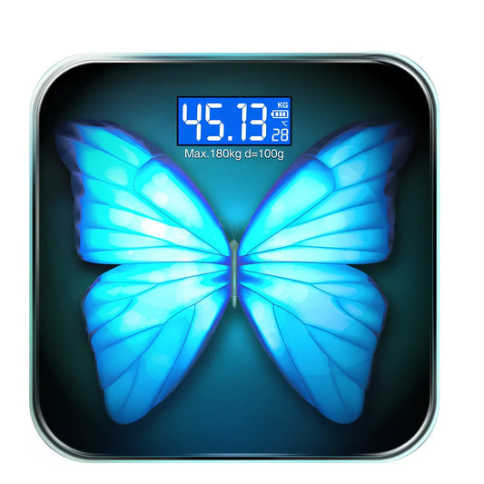 Youmei digital weight scale with 6mm tempered glass surface and blue backlit LCD display showing weight measurement