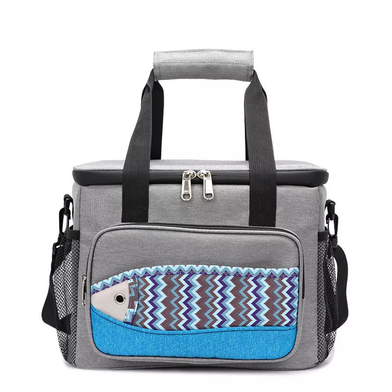 Fish pattern insulated cooler bag in various colors, perfect for outdoor picnics and lunches